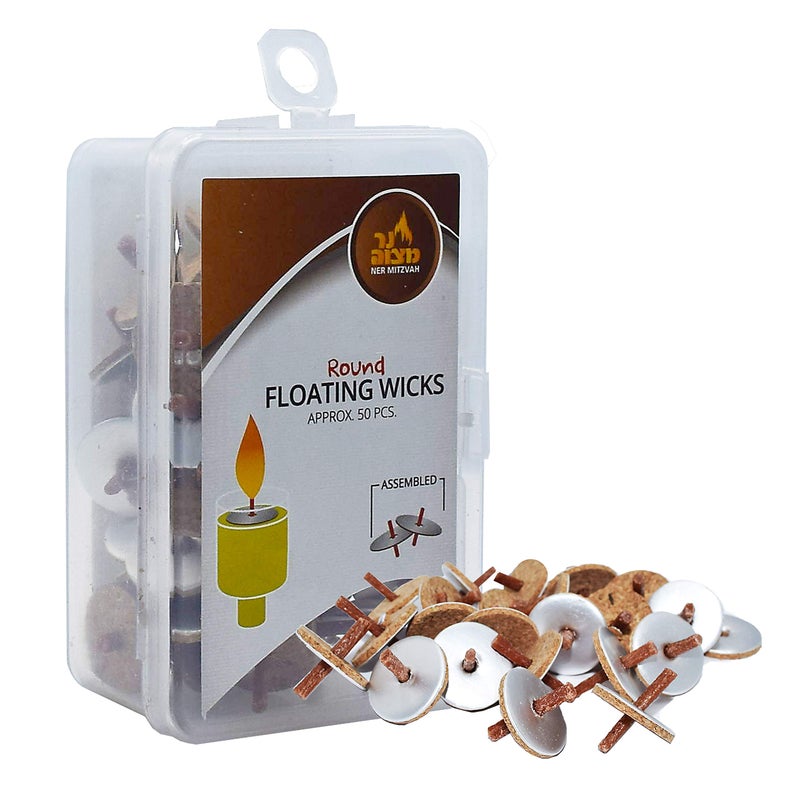 Ner Mitzvah Pre-Assembled Round Floating Wicks - 50 Count - Cotton Wicks and Cork Disc Holders for Oil Cups - Image 1